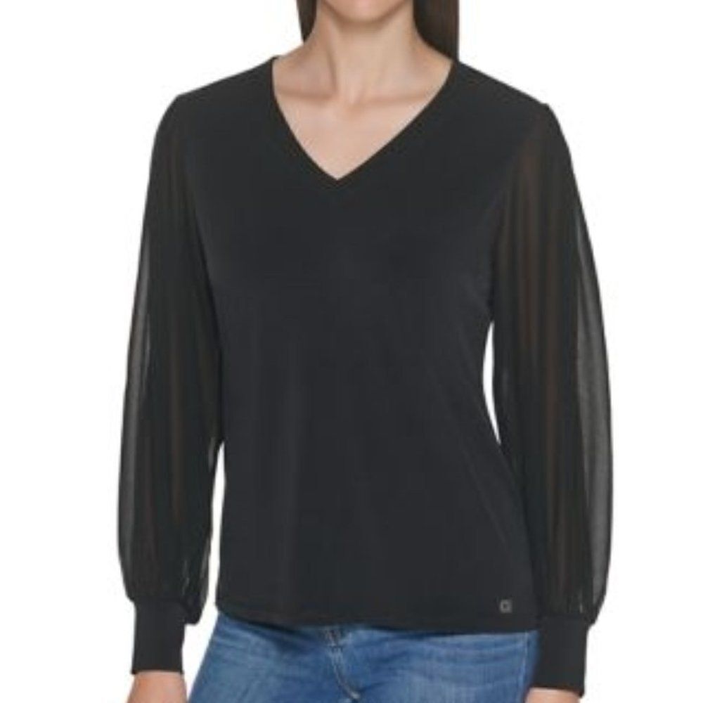 Calvin Klein Mesh Blouson-Sleeve Top size Large in Black - NEW